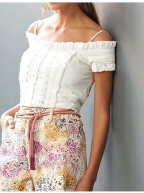 Anthropolgie Boho Off-Shoulder White Crop Top with Lace Detail